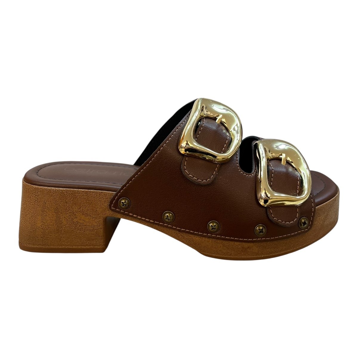 Tamanco Feminino Beira Rio Casual Tratorado Fivela Metalizado Salto Bloco 8559.106 Marrom