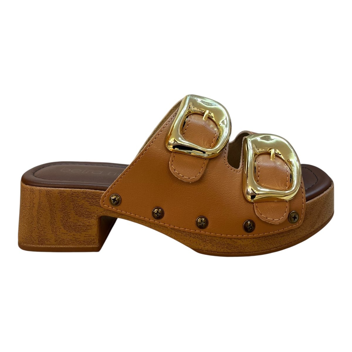 Tamanco Feminino Beira Rio Casual Tratorado Fivela Metalizado Salto Bloco 8559.106 Caramelo