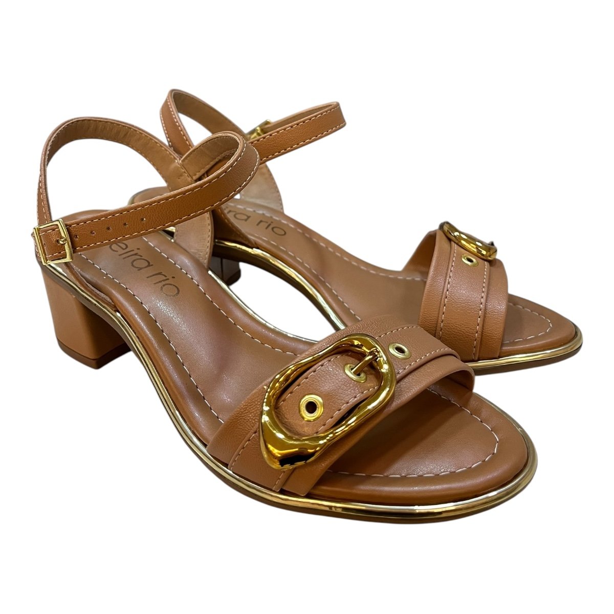 Sandalia Feminino Beira Rio Conforto Casual Salto Bloco Metalizado 8379.258 Caramelo Marrom 2