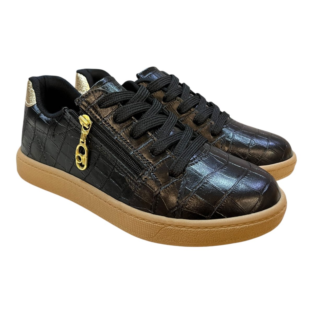 Tenis Feminino Beira Rio Casual Conforto Zíper Croco Metalizado Rerô 4313.209 Preto Preto 2
