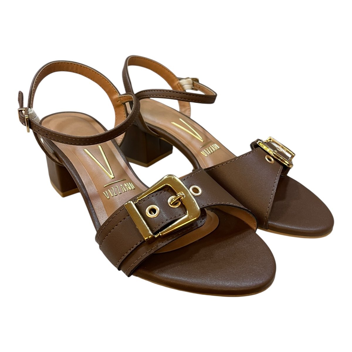 Sandalia Feminino Vizzano Casual Fivela Metalizado Salto Baixo Bloco 6291.1184 Marrom Marrom 2