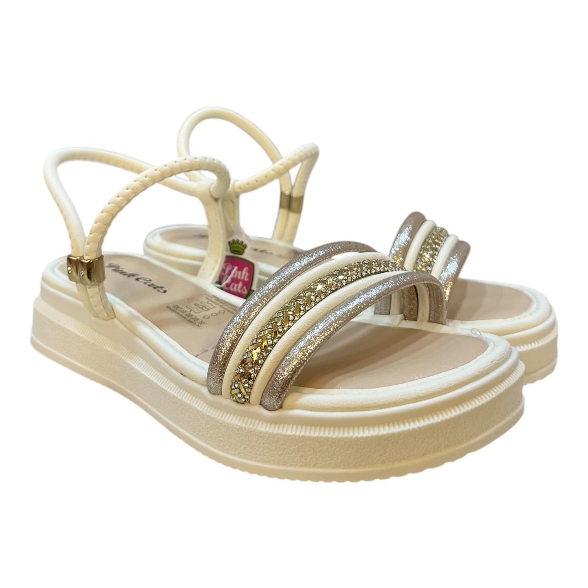 Sandalia Papete Infantil Menina Pink Cats Casual Calce Fácil Brilho Strass Tiras V5871 Branco 2