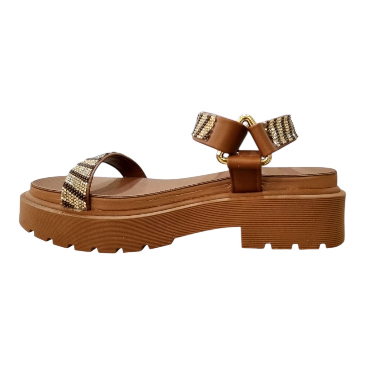 Sandalia Papete Feminino Vizzano Casual Conforto Autocolante Brilho Strass Tratorado 6499.103 Marron Marrom 6