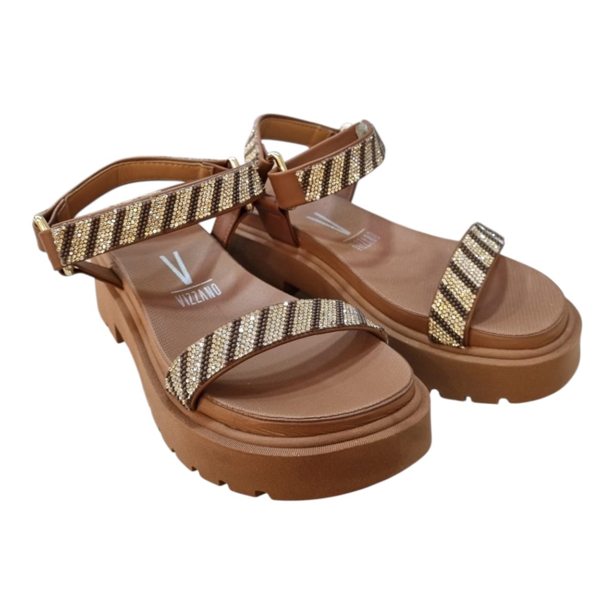Sandalia Papete Feminino Vizzano Casual Conforto Autocolante Brilho Strass Tratorado 6499.103 Marron Marrom 2