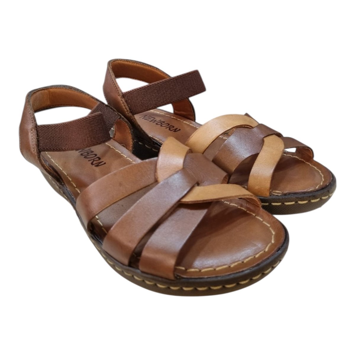 Sandalia Feminino New Born Ultraconforto Casual Couro Calce Fácil Elástico 2592 Marrom Marrom 2