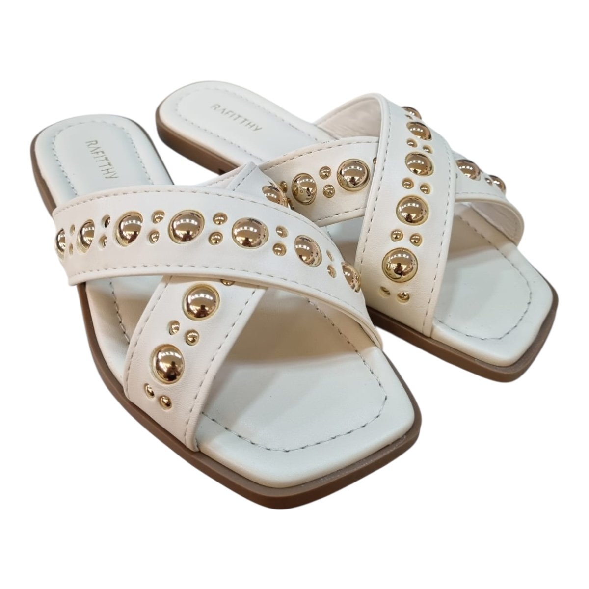 Chinelo Rasteira Feminino Rafitthy Casual Conforto Trançada Pedras Metalizado Antiderrapante 18.86005A Marfim Marfim 2