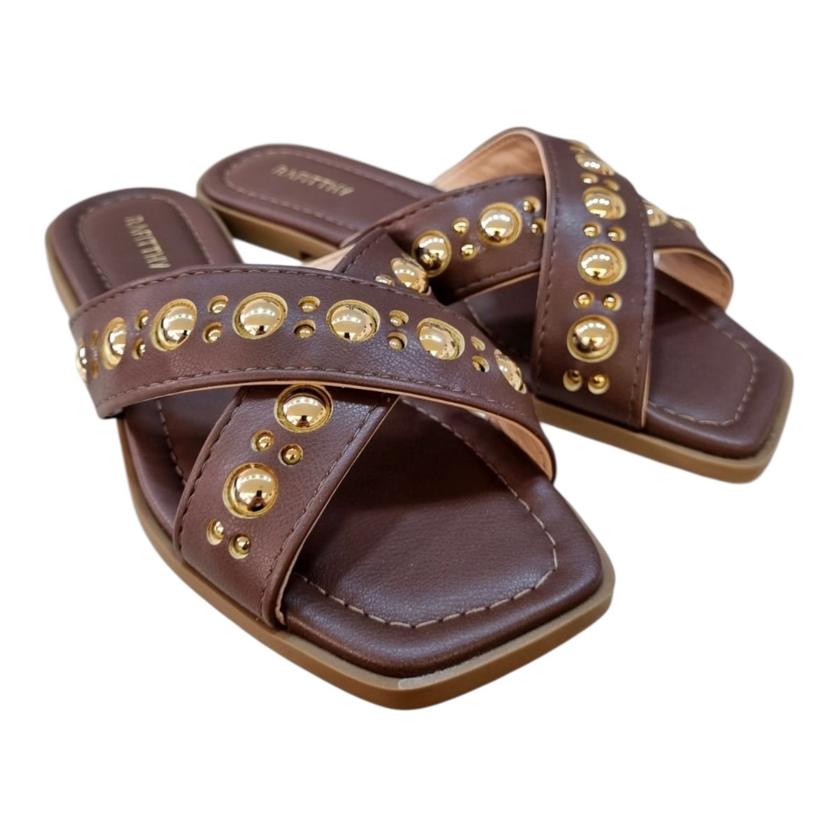 Chinelo Rasteira Feminino Rafitthy Casual Conforto Trançada Pedras Metalizado Antiderrapante 18.86005A Marrom Marrom 2