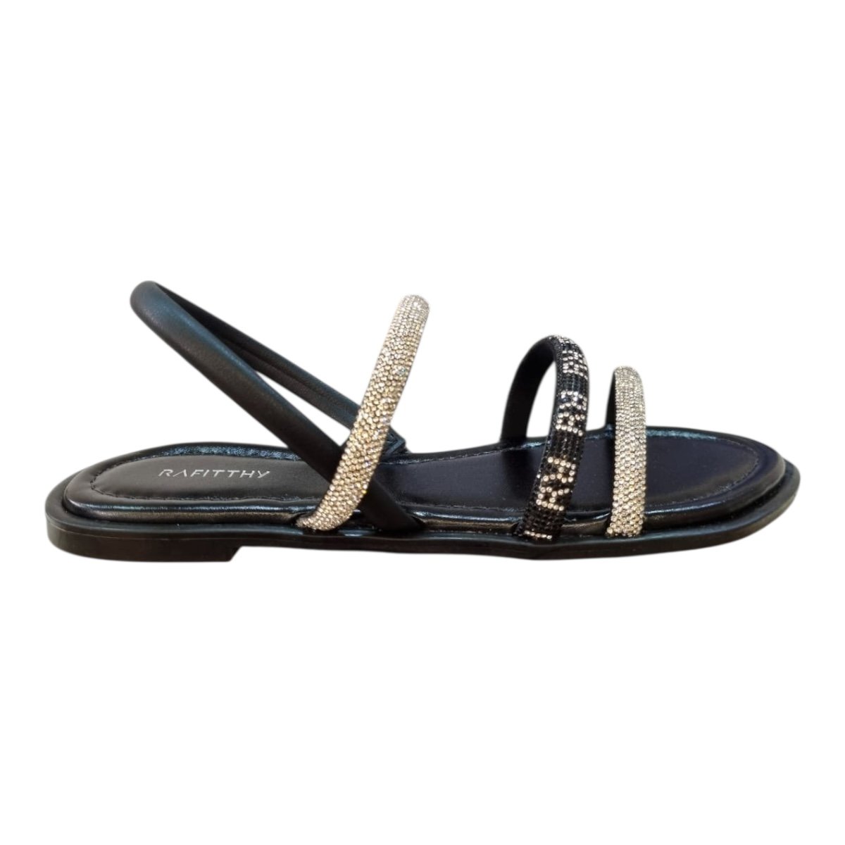 Sandalia Rasteira Feminino Rafitthy Conforto Casual Brilho Strass Metalizado Calce Fácil 18.56001A Preto
