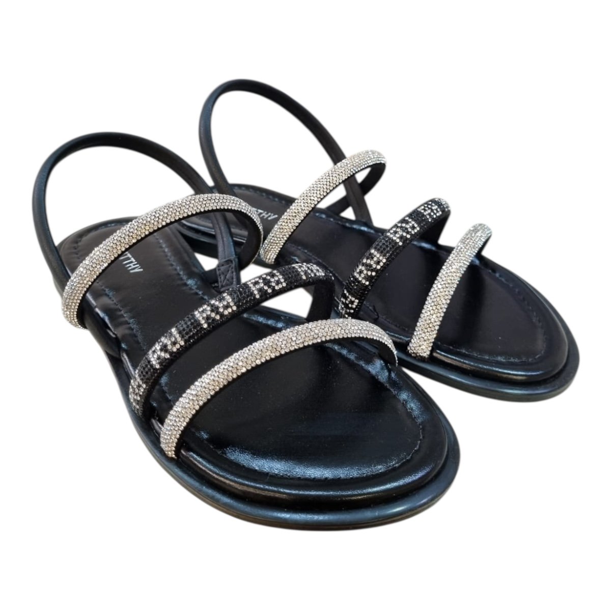 Sandalia Rasteira Feminino Rafitthy Conforto Casual Brilho Strass Metalizado Calce Fácil 18.56001A Preto Preto 2