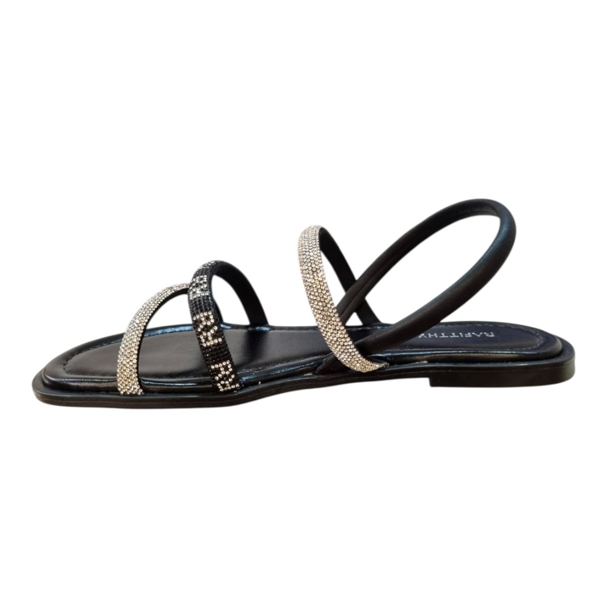 Sandalia Rasteira Feminino Rafitthy Conforto Casual Brilho Strass Metalizado Calce Fácil 18.56001A Preto Preto 5