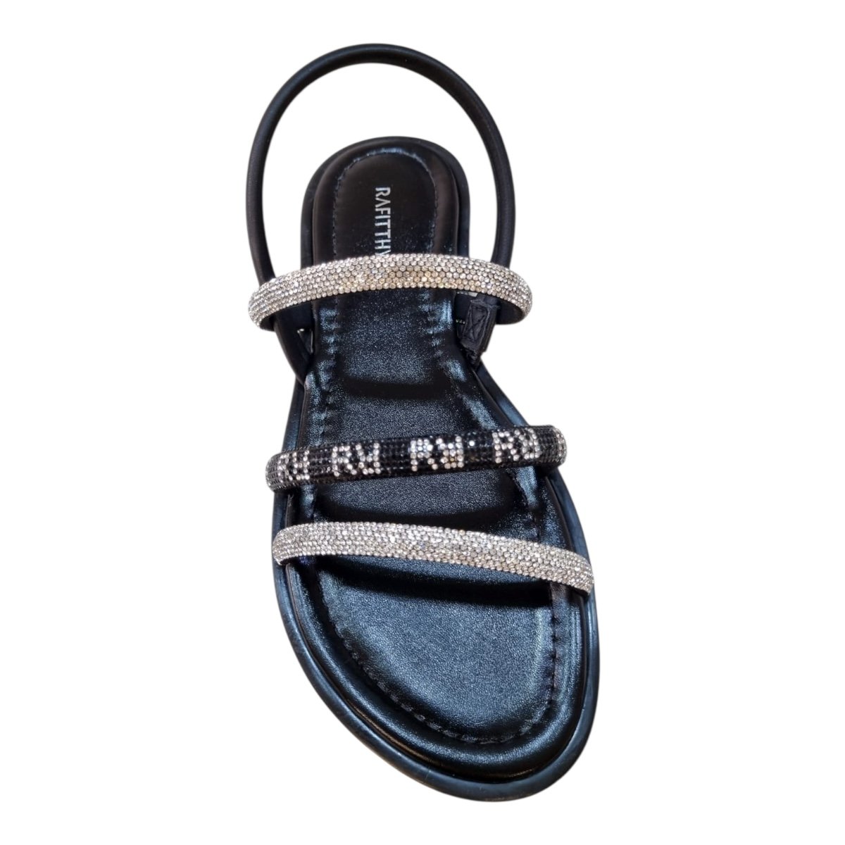 Sandalia Rasteira Feminino Rafitthy Conforto Casual Brilho Strass Metalizado Calce Fácil 18.56001A Preto Preto 6