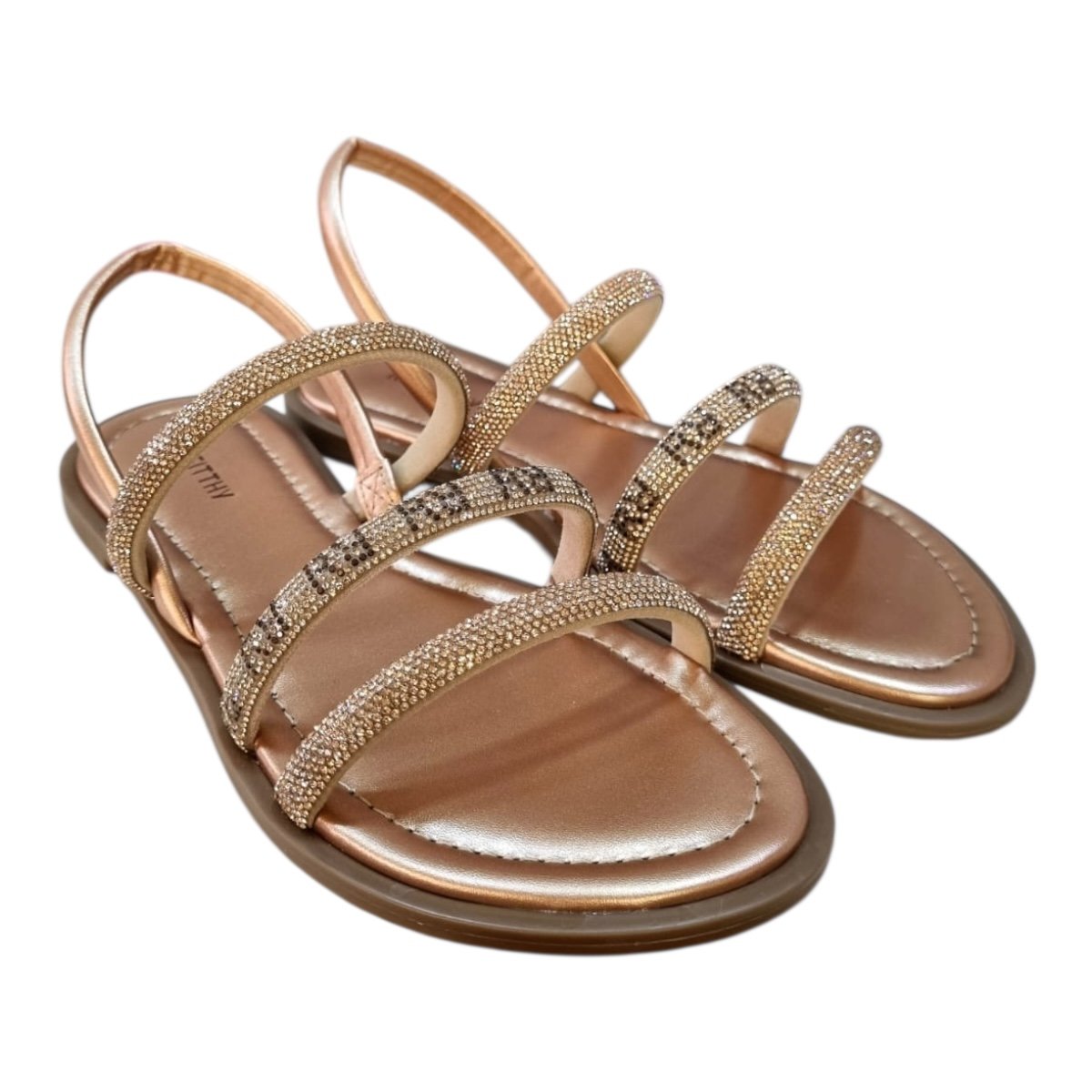 Sandalia Rasteira Feminino Rafitthy Conforto Casual Brilho Strass Metalizado Calce Fácil 18.56001A Rose Dourado 2