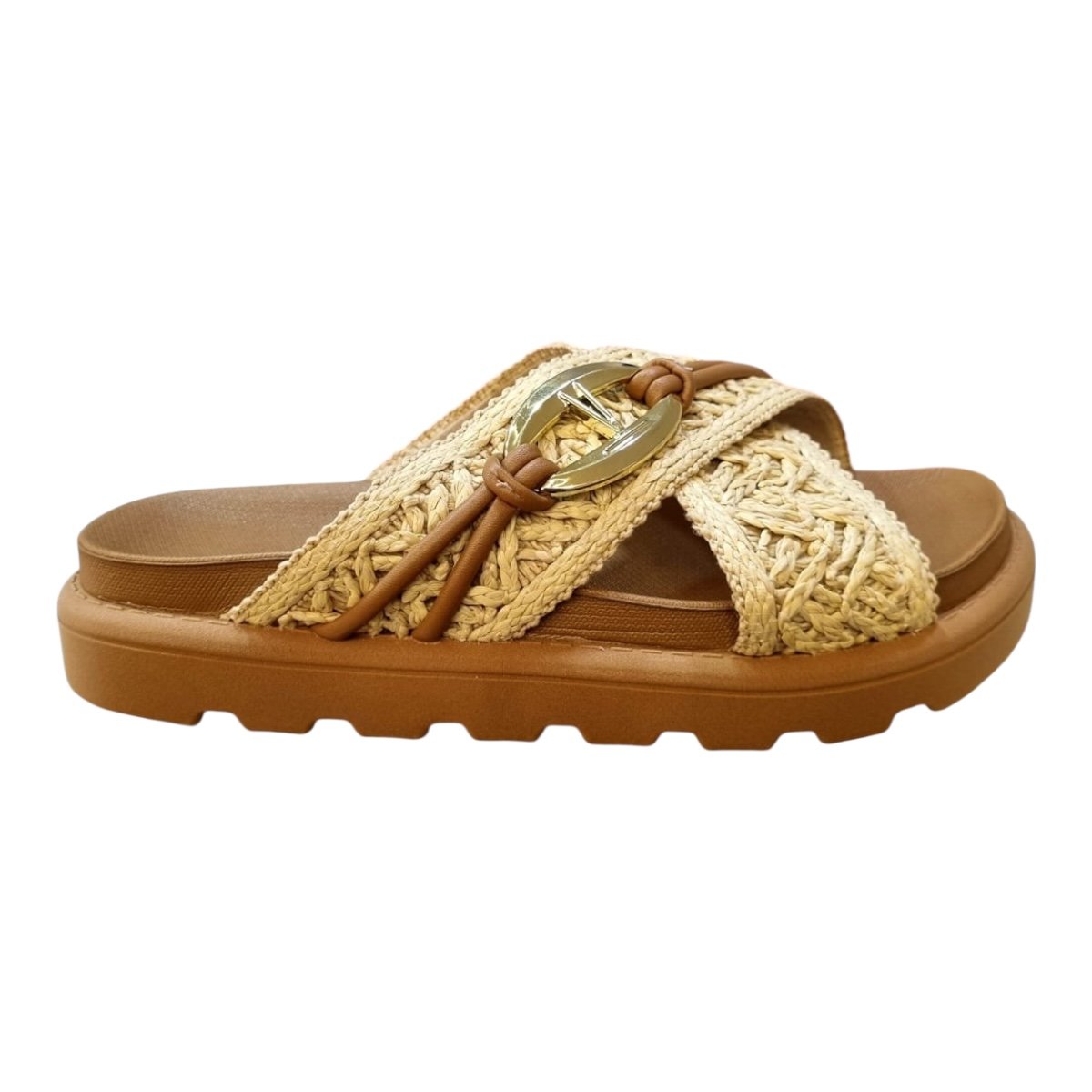 Chinelo Papete Feminino Vizzano Casual Conforto Tiras Cruzadas Detalhes Tressê Metalizado 6510.121 Caramelo