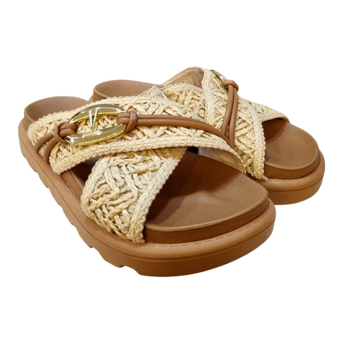 Chinelo Papete Feminino Vizzano Casual Conforto Tiras Cruzadas Detalhes Tressê Metalizado 6510.121 Caramelo Caramelo 2