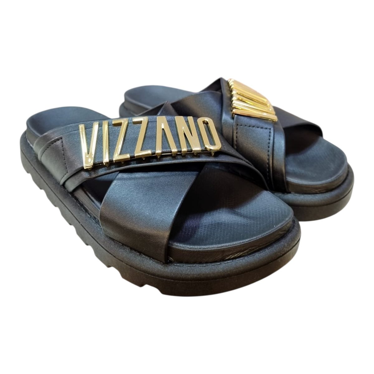 Chinelo Papete Feminino Vizzano Casual Conforto Tiras Cruzadas Metalizado 6510.122 Preto Preto 2