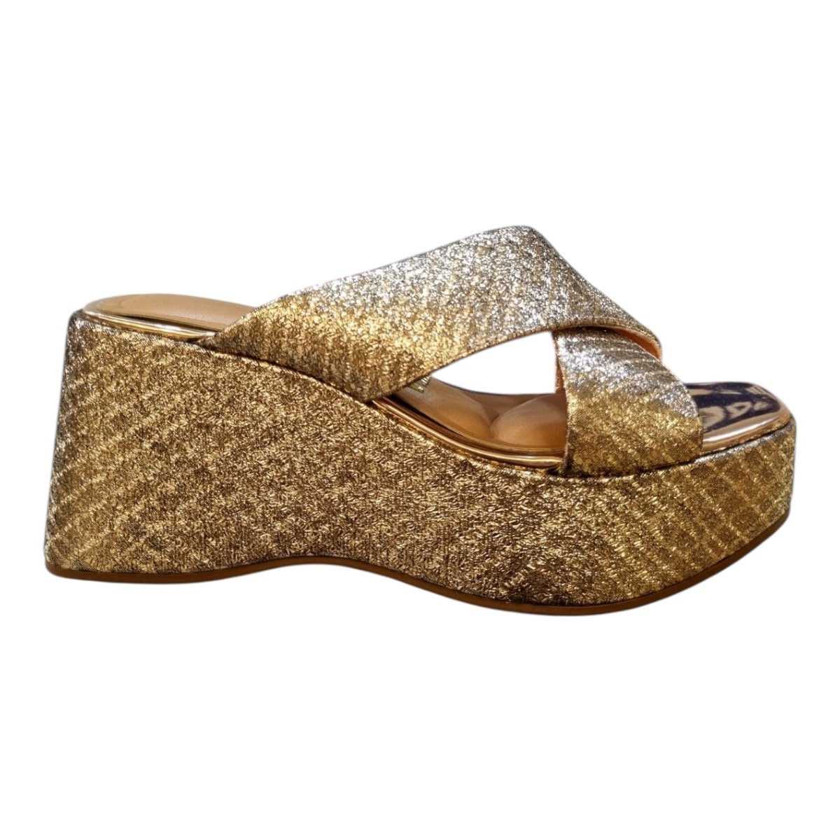 Tamanco Anabela Feminino Vizzano Metalizado Casual Plataforma Conforto Tiras Cruzadas 6559.104 Dourado