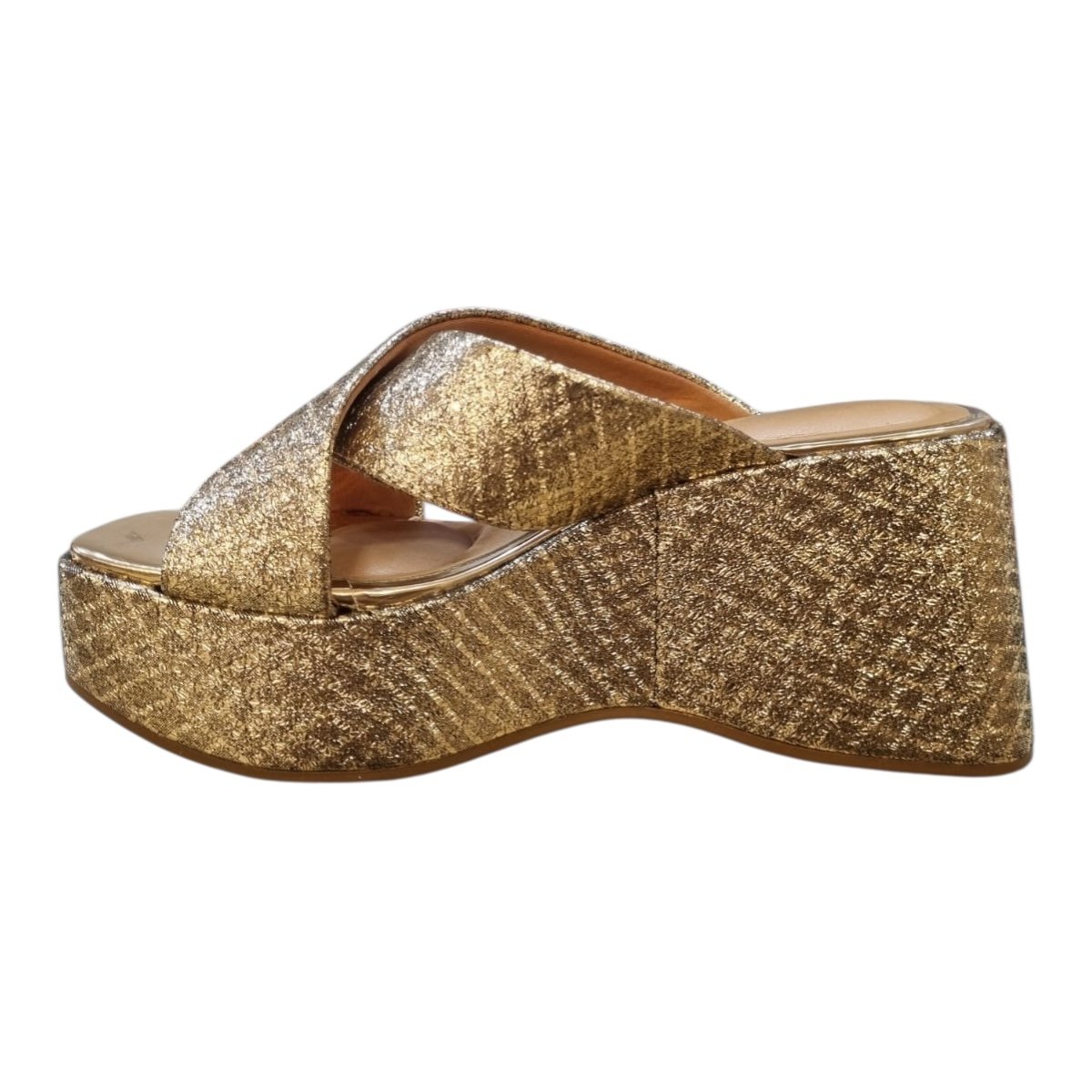 Tamanco Anabela Feminino Vizzano Metalizado Casual Plataforma Conforto Tiras Cruzadas 6559.104 Dourado Dourado 4