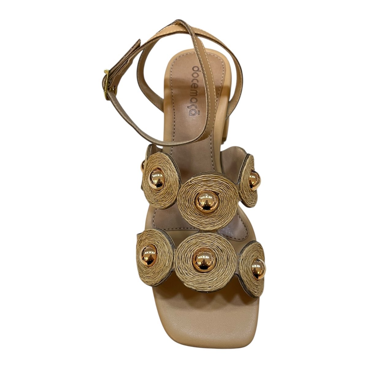 Sandalia Feminino Doce Maça Conforto Casual Palha Salto Bloco Médio Detalhe Metalizado E234stb Bege Bege 6