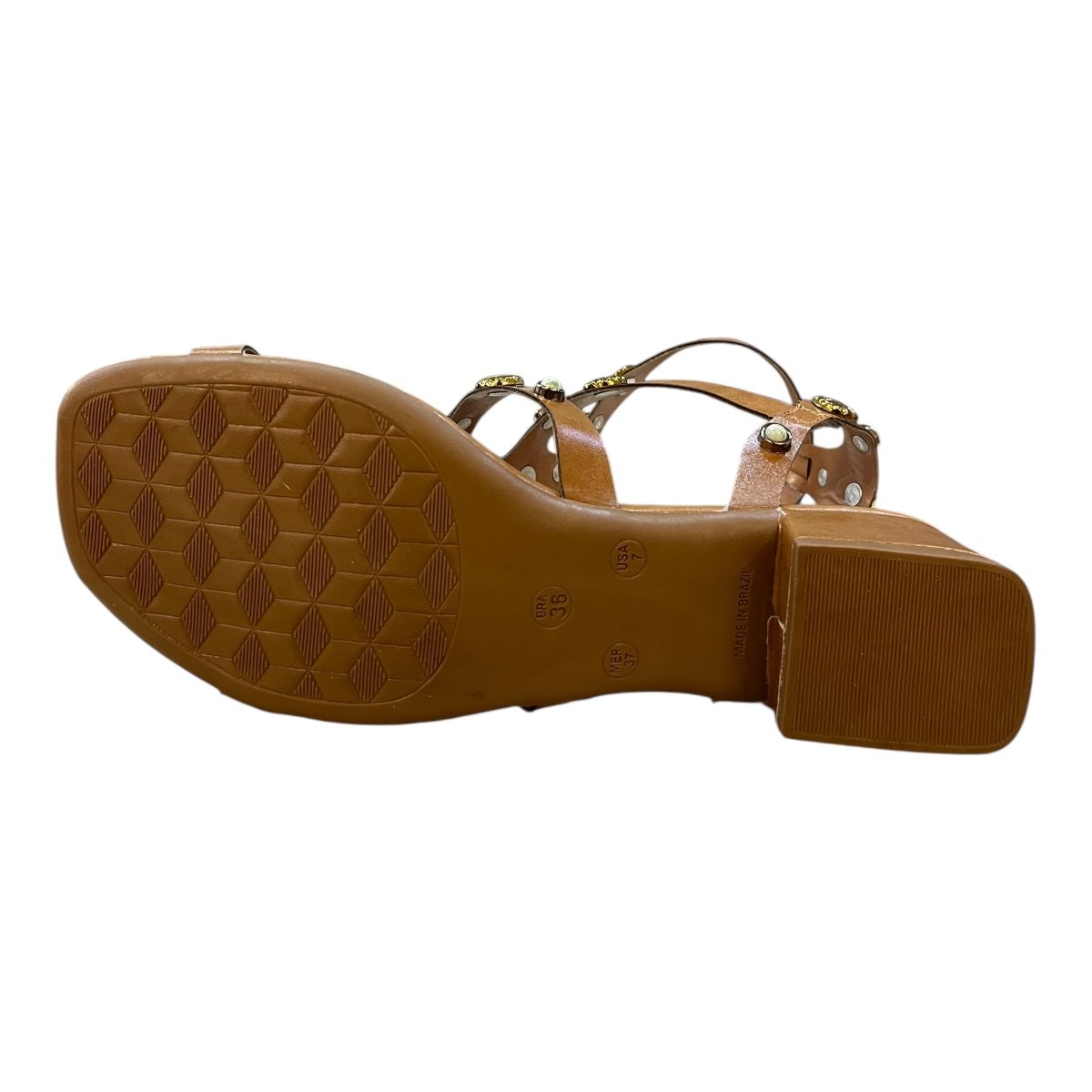 Sandalia Feminino Doce Maça Conforto Casual Salto Bloco Baixo Tiras Pedras Metalizado E229st Caramelo Caramelo 3