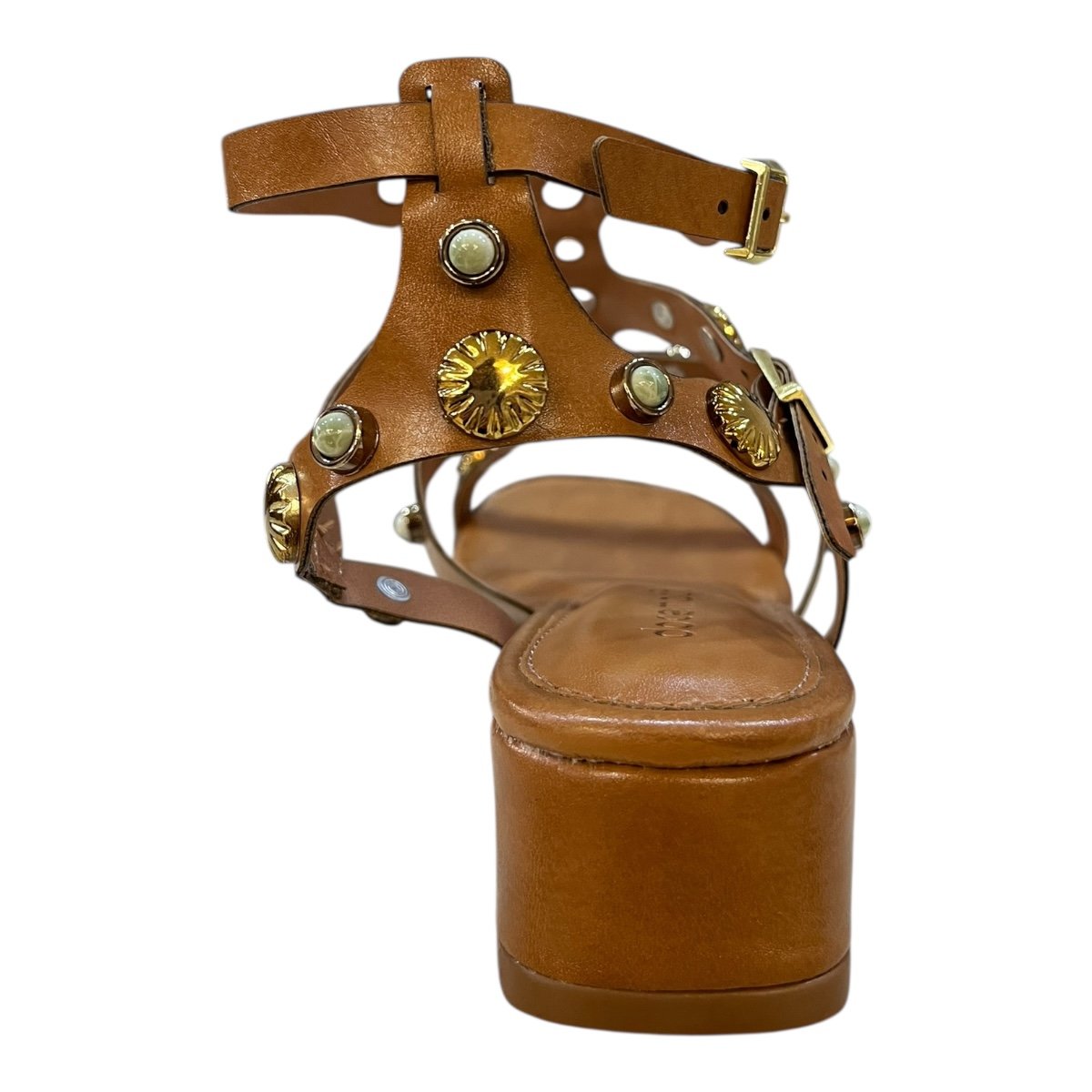 Sandalia Feminino Doce Maça Conforto Casual Salto Bloco Baixo Tiras Pedras Metalizado E229st Caramelo Caramelo 5