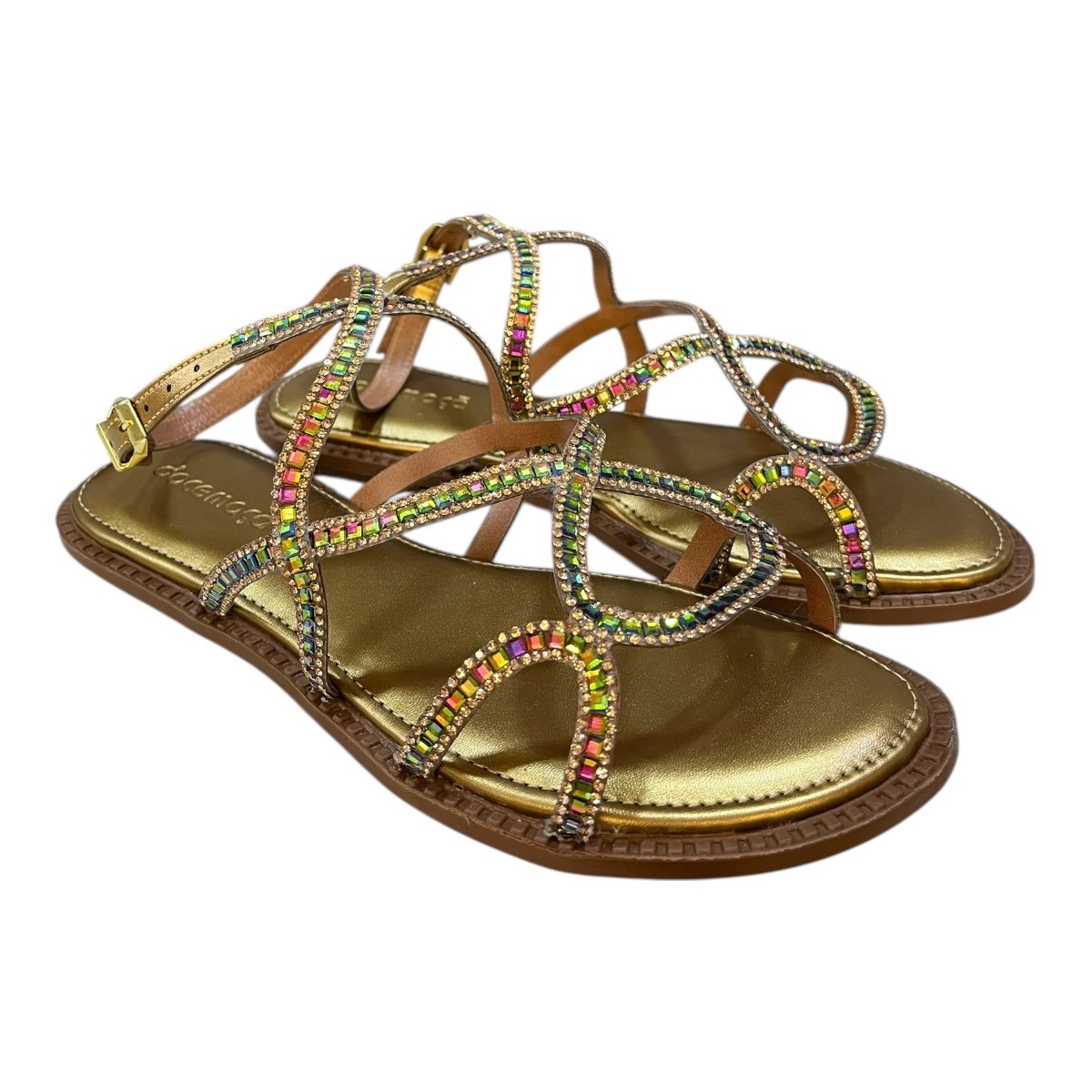 Sandalia Rasteira Feminino Conforto Casual Tiras Brilho Metalizado Pedras Strass D238tt Bronze Bronze 2