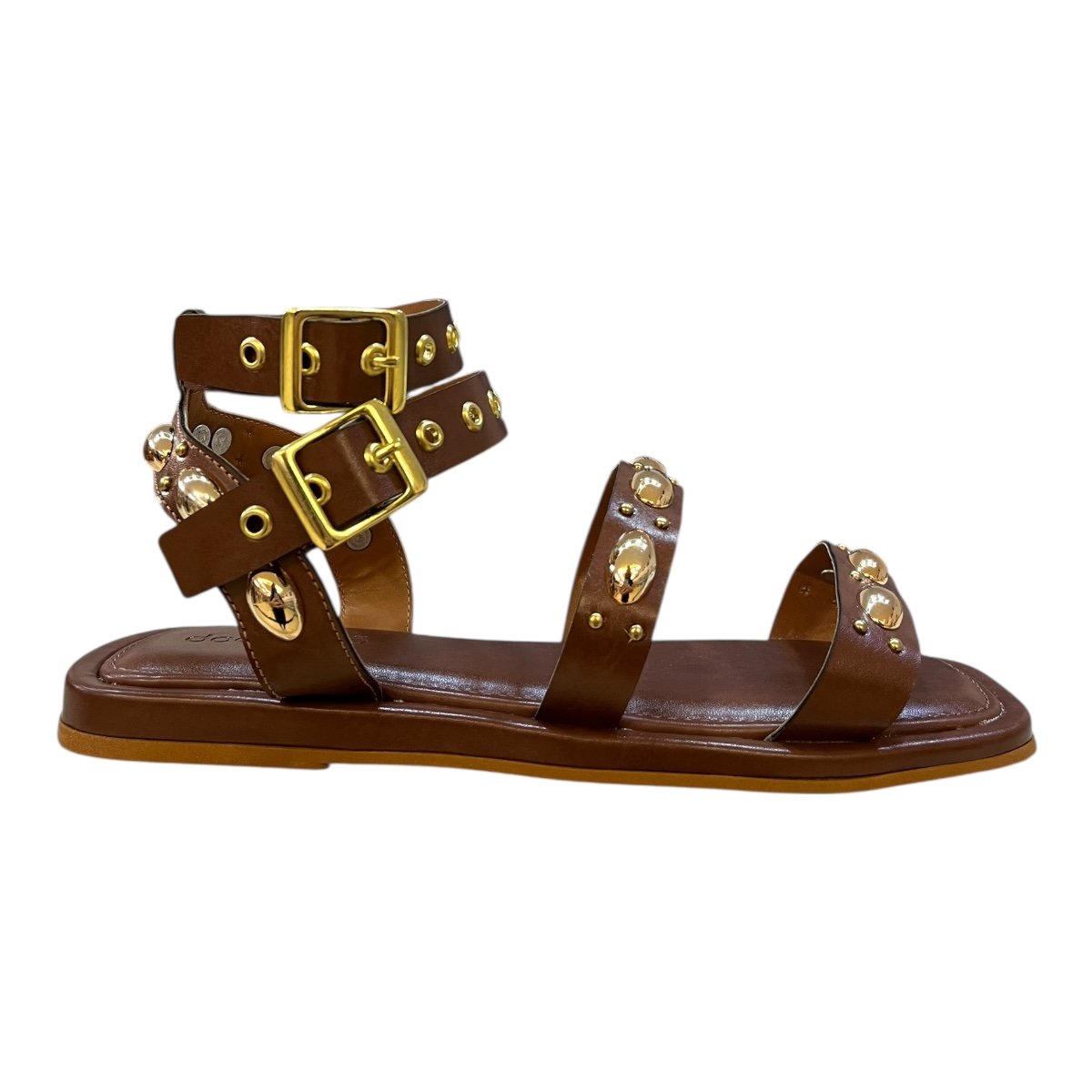 Sandalia Rasteira Feminino Doce Maça Casual Conforto Fivela Tiras Metalizado Antiderrapante E231rf Marrom