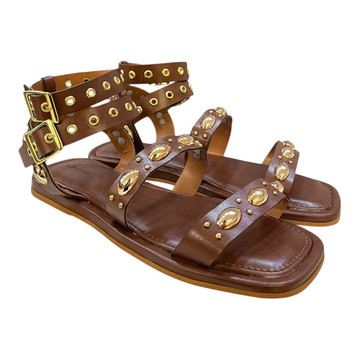 Sandalia Rasteira Feminino Doce Maça Casual Conforto Fivela Tiras Metalizado Antiderrapante E231rf Marrom Marrom 2