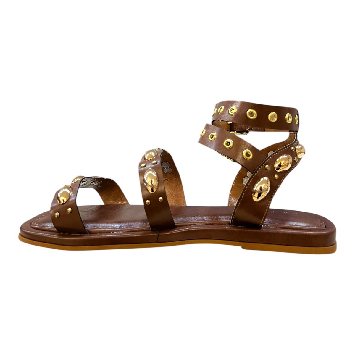 Sandalia Rasteira Feminino Doce Maça Casual Conforto Fivela Tiras Metalizado Antiderrapante E231rf Marrom Marrom 5