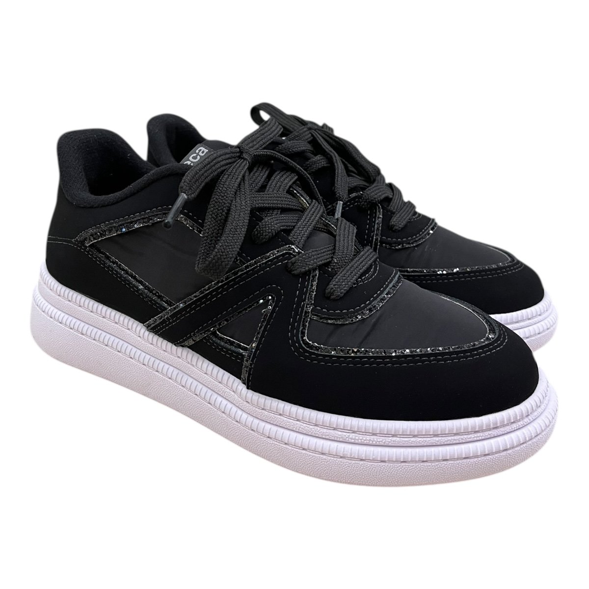 Tenis Feminino Moleca Casual Conforto Amarração Plataforma Detalhe Brilho Colorido 5816.108 Preto Preto 2