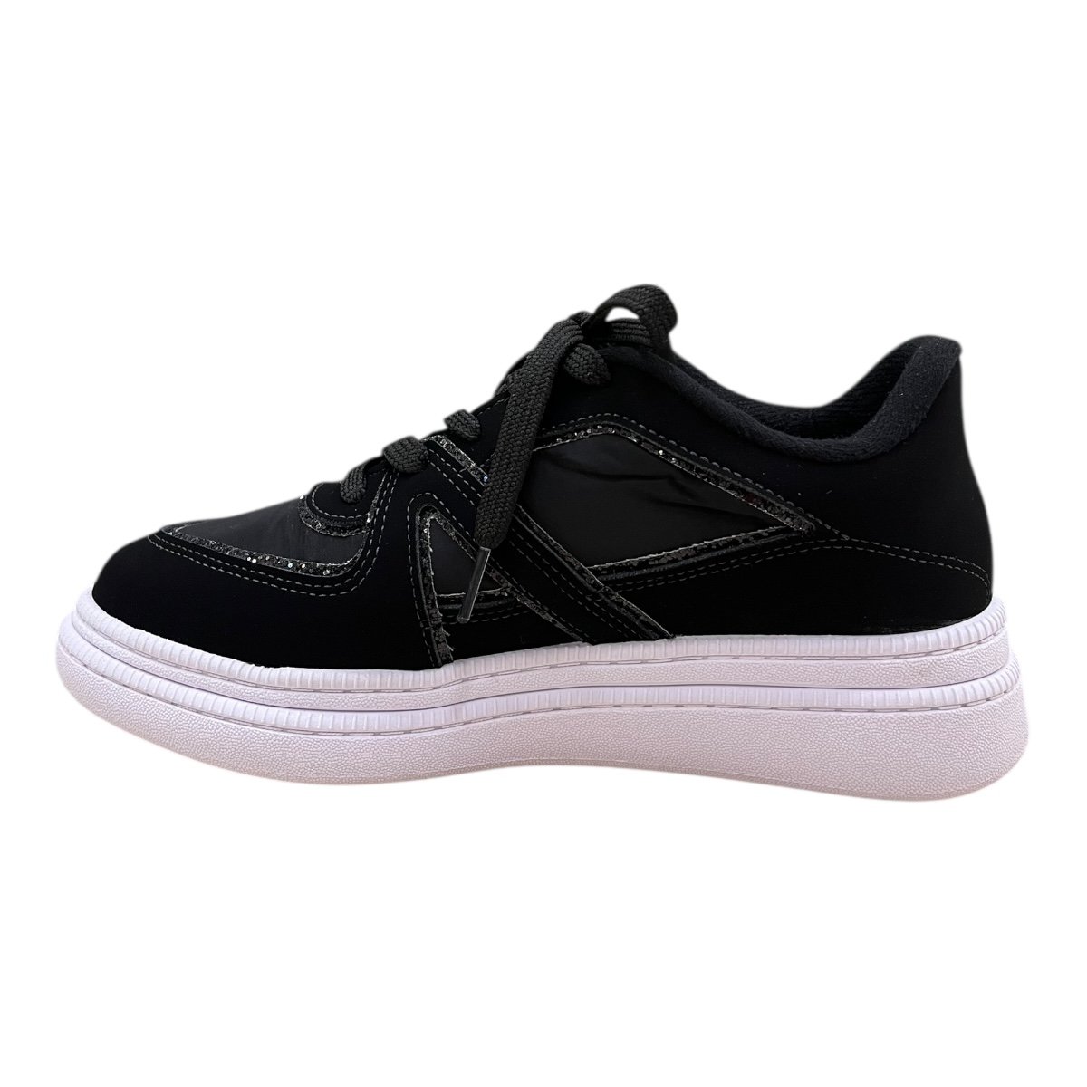 Tenis Feminino Moleca Casual Conforto Amarração Plataforma Detalhe Brilho Colorido 5816.108 Preto Preto 4