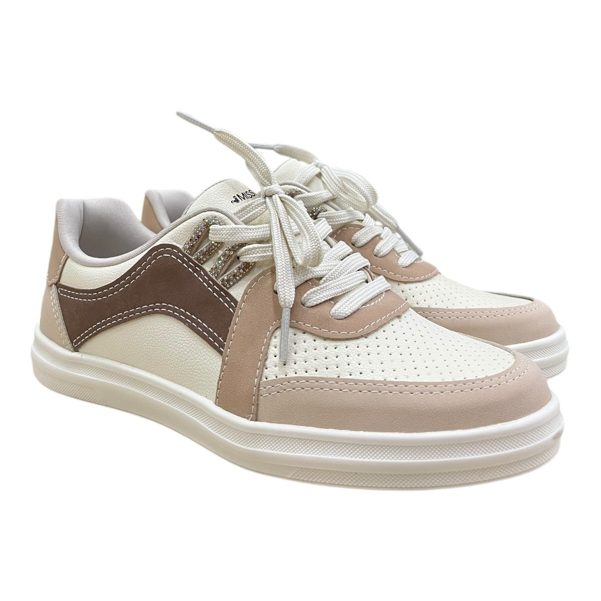 Tenis Feminino Mississipi Casual Conforto Strass Brilho Amarração Antiderrapante J0081 Bege Bege 2