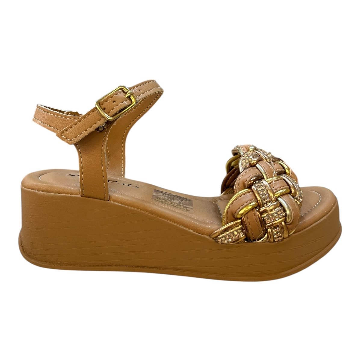 Sandalia Anabela Infantil Menina Pink Cats Casual Conforto Brilho Strass Antiderrapante  V5731 Caramelo