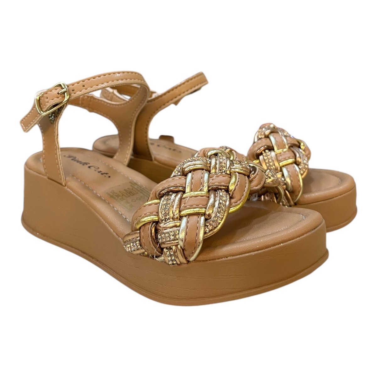 Sandalia Anabela Infantil Menina Pink Cats Casual Conforto Brilho Strass Antiderrapante V5731 Caramelo Caramelo 2