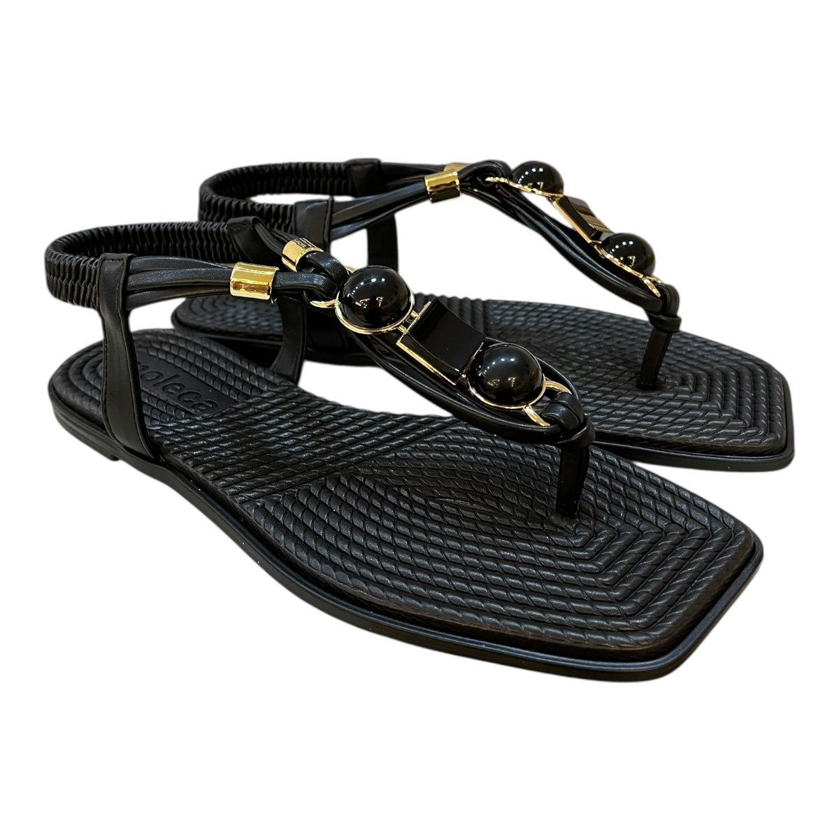 Sandalia Rasteira Feminino Moleca Casual Conforto Dedo Calce Fácil Detalhe Metalizado 5558.106 Preto Preto 2