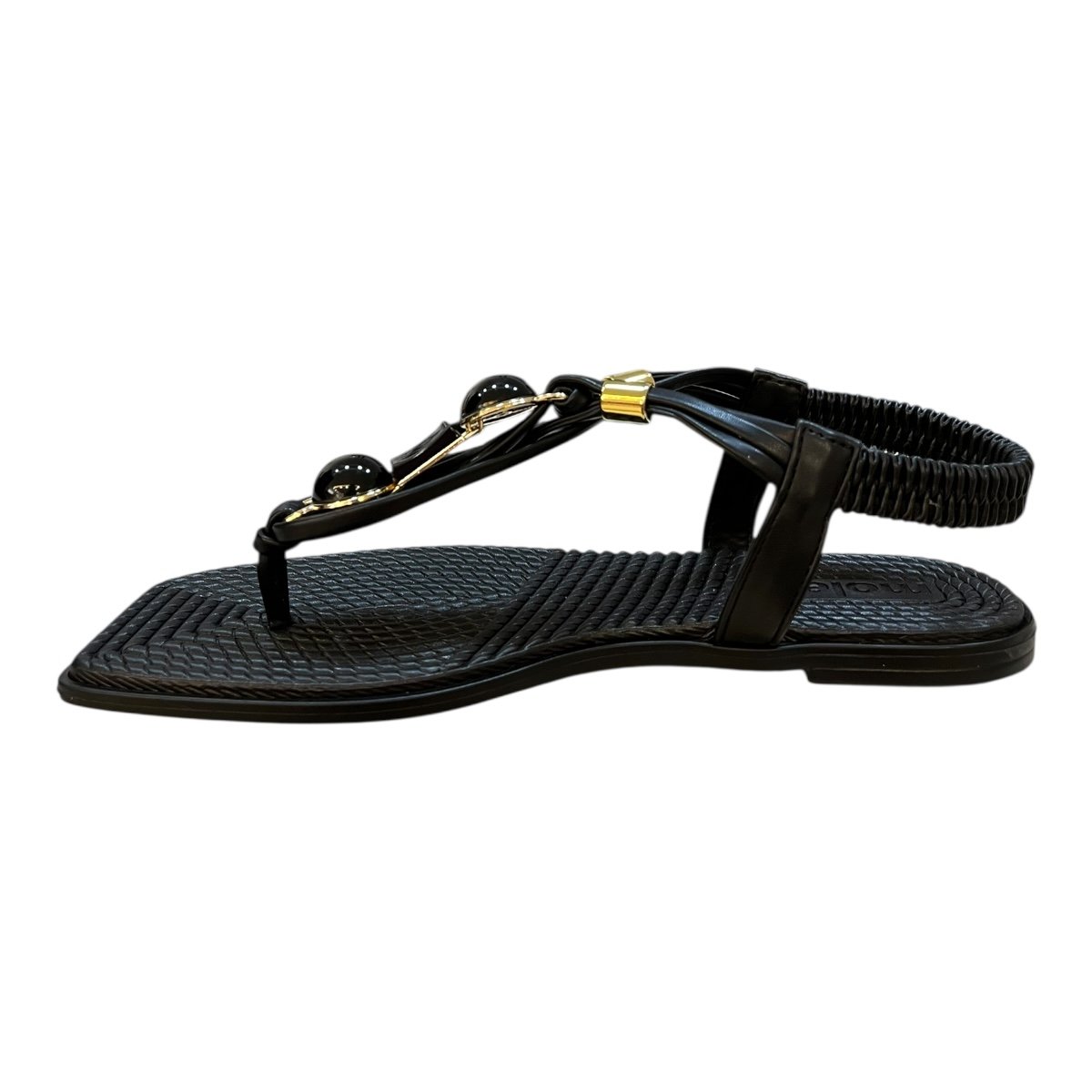 Sandalia Rasteira Feminino Moleca Casual Conforto Dedo Calce Fácil Detalhe Metalizado 5558.106 Preto Preto 4