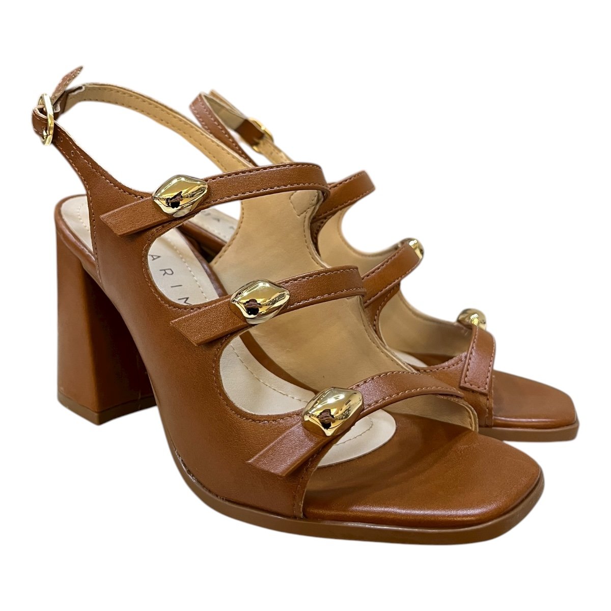 Sandalia Feminino Ramarim Casual Salto Bloco Alto Tiras Detalhe Metalizado Bico Quadrado 25-41205 Caramelo Caramelo 2