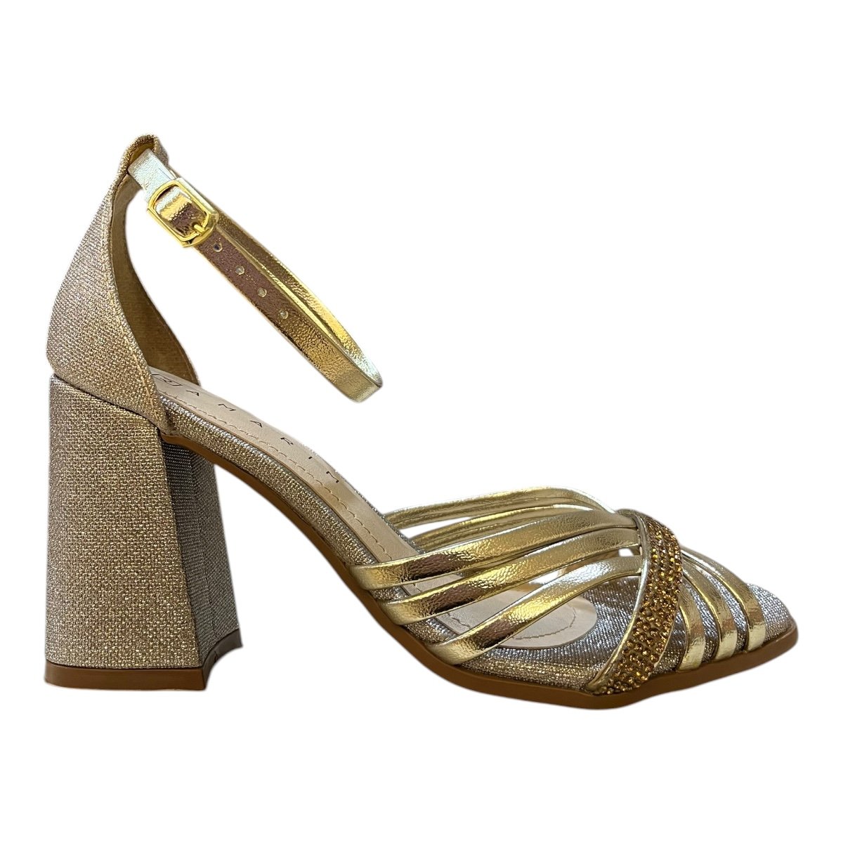 Sandalia Feminino Ramarim Casual Salto Bloco Alto Calcanhar Fechado Brilho Glitter Strass 25-41209 Dourado