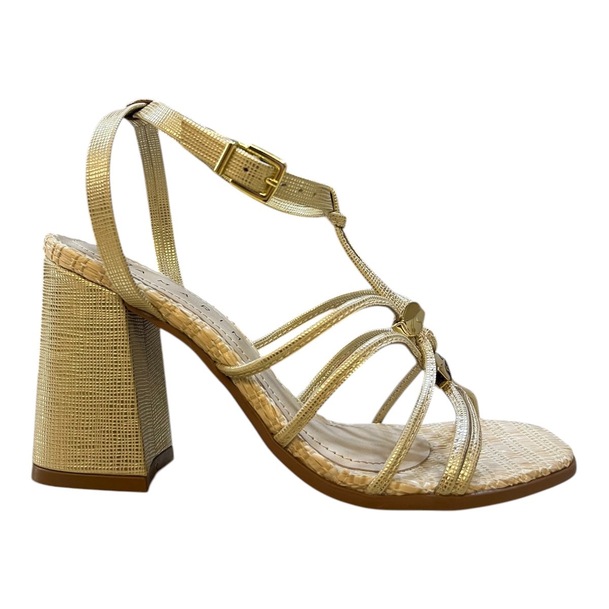 Sandalia Feminino Ramarim Casual Conforto Tiras Brilho Metalizado Salto Bloco Alto 25-41204 Dourado
