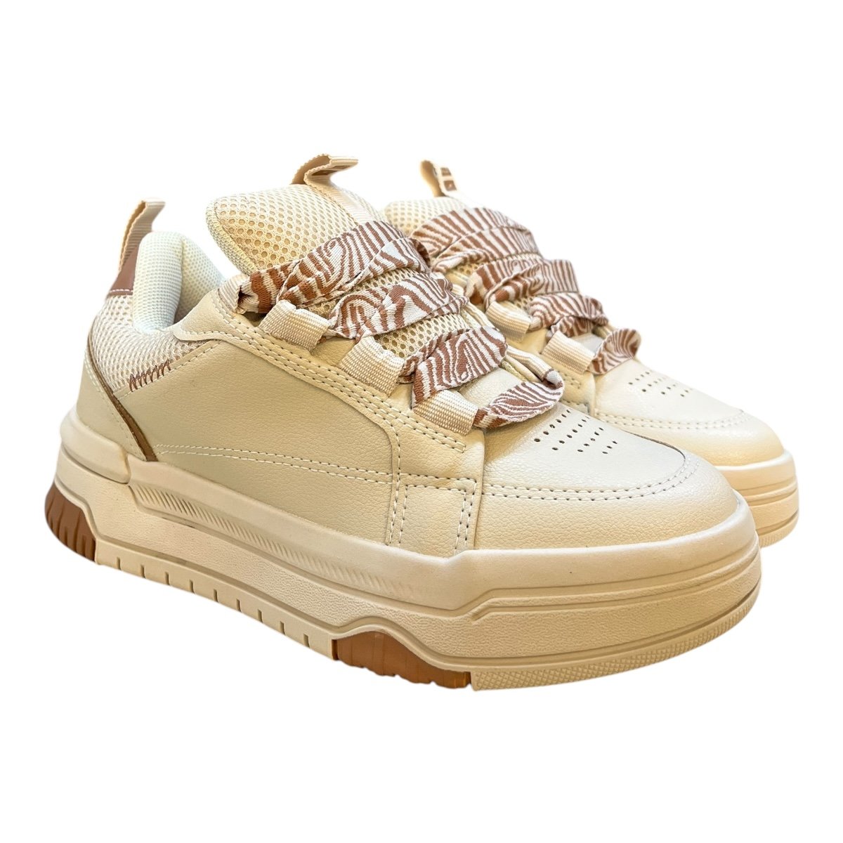 Tenis Feminino Chilli Beans Sneakers Couro Casual Ultraconforto Street Plataforma Retrô Cadarço Duplo  25-94601 Bege Bege 2