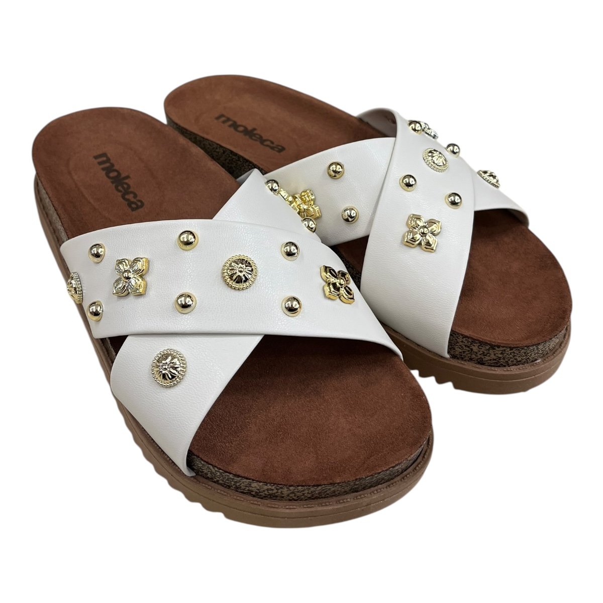 Chinelo Papete Feminino Moleca Casual Cruzada Detalhe Metalizado Camurça Antiderrapante 5500.112 Branco Branco 2