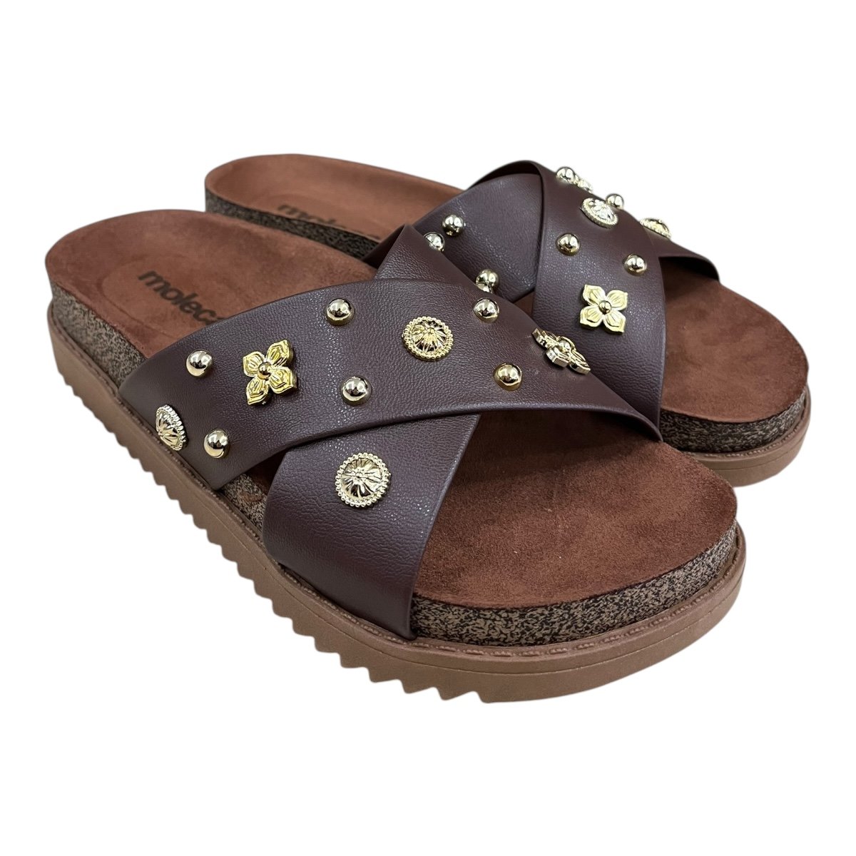 Chinelo Papete Feminino Moleca Casual Cruzada Detalhe Metalizado Camurça Antiderrapante 5500.112 Marrom Marrom 2