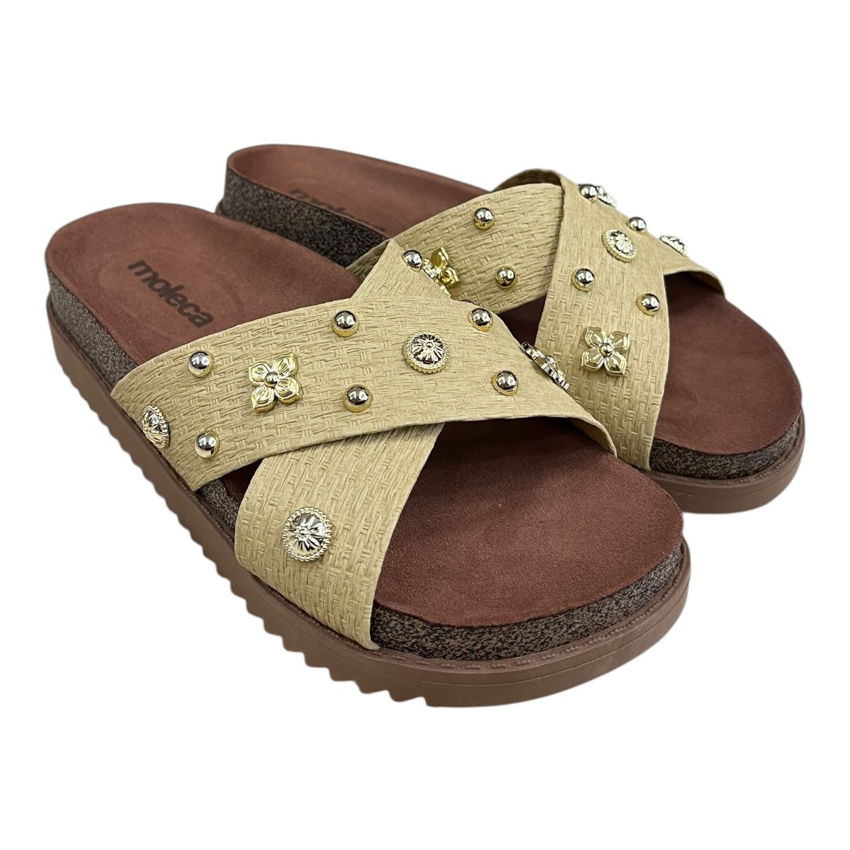 Chinelo Papete Feminino Moleca Casual Cruzada Detalhe Metalizado Camurça Antiderrapante 5500.112 Bege Bege 2