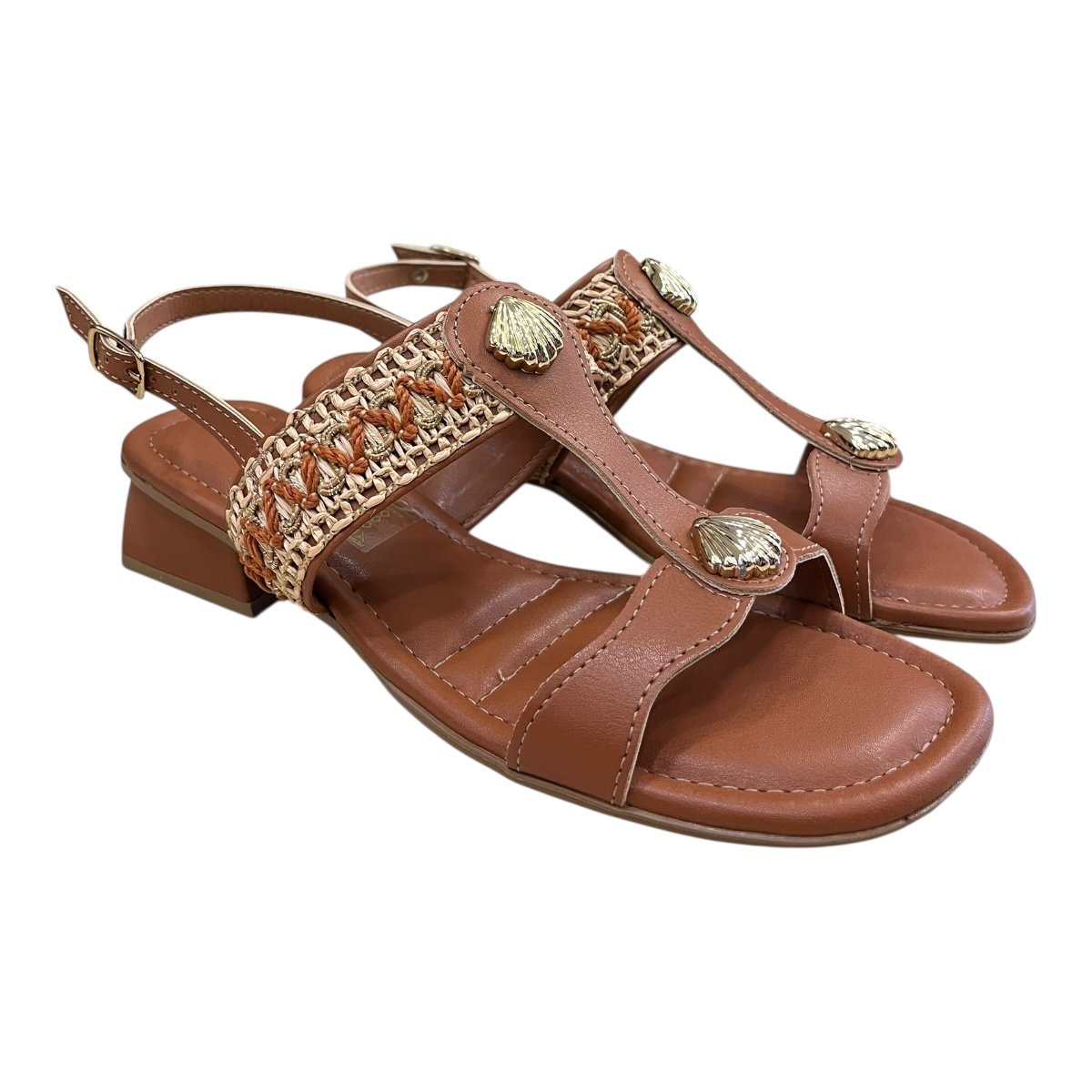 Sandalia Feminino Mississipi Casual Conforto Salto Baixo Bloco Cordas Antiderrapante  J0531 Caramelo Marrom 2