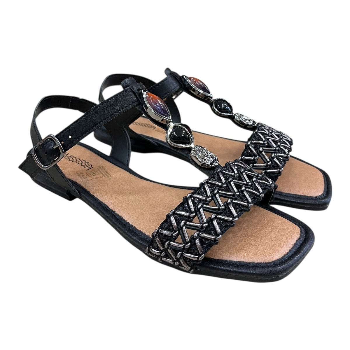 Sandalia Rasteira Feminino Mississipi Casual Conforto Cordas Pedras Antiderrapante J0442 Preto Preto 2
