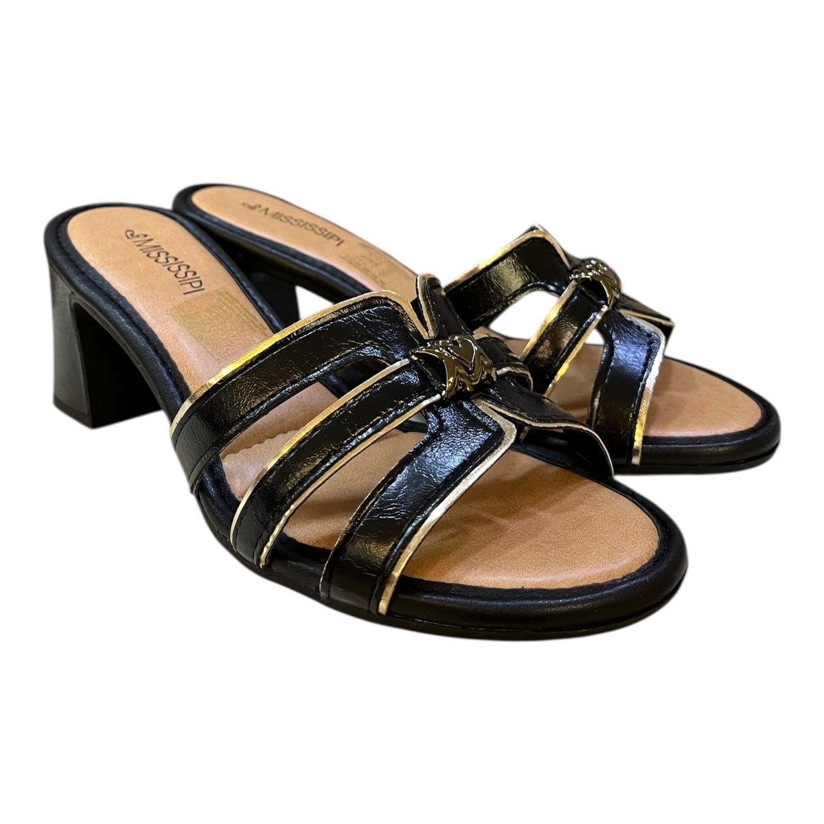 Tamanco Feminino Mississipi Casual Conforto Salto Médio Bloco Detalhe Metalizado J0601 Preto Preto 2