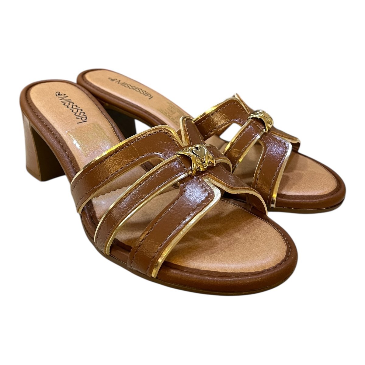 Tamanco Feminino Mississipi Casual Conforto Salto Médio Bloco Detalhe Metalizado J0601 Caramelo Marrom 2