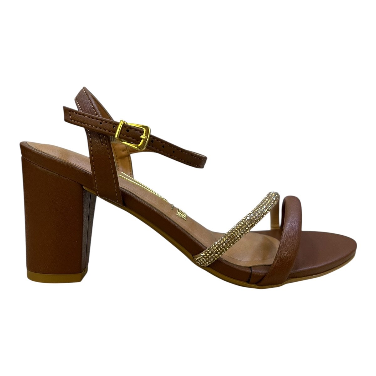 Sandalia Feminino Vizzano Casual Conforto Tiras Brilho Salto Bloco Médio Strass 6262.1034 Marrom