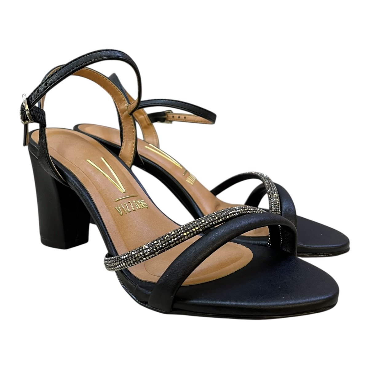 Sandalia Feminino Vizzano Casual Conforto Tiras Brilho Salto Bloco Médio Strass 6262.1034 Preto Preto 2
