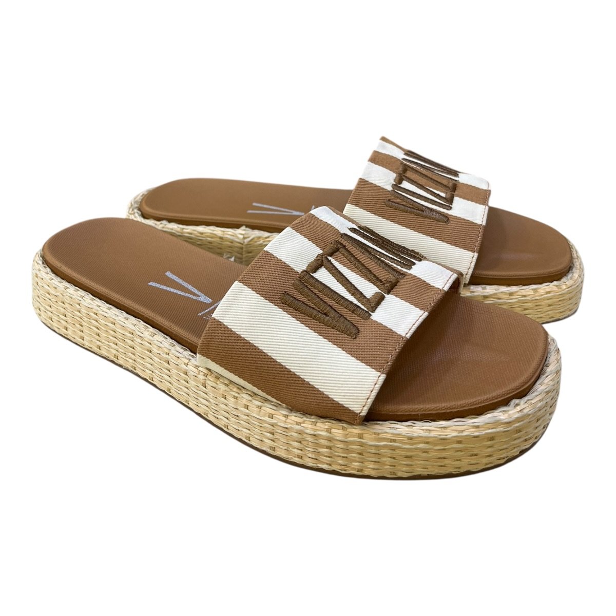Chinelo Papete Feminino Vizzano Slide Casual Conforto Listras Palha Antiderrapante 6506.128 Caramelo Marrom/Branco 2