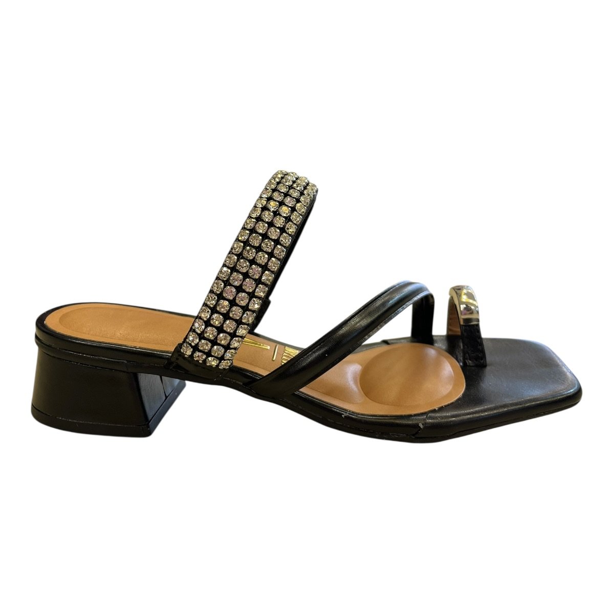 Tamanco Feminino Vizzano Casual Conforto Tiras Salto Bloco Baixo Brilho Dedo 6454.133 Preto